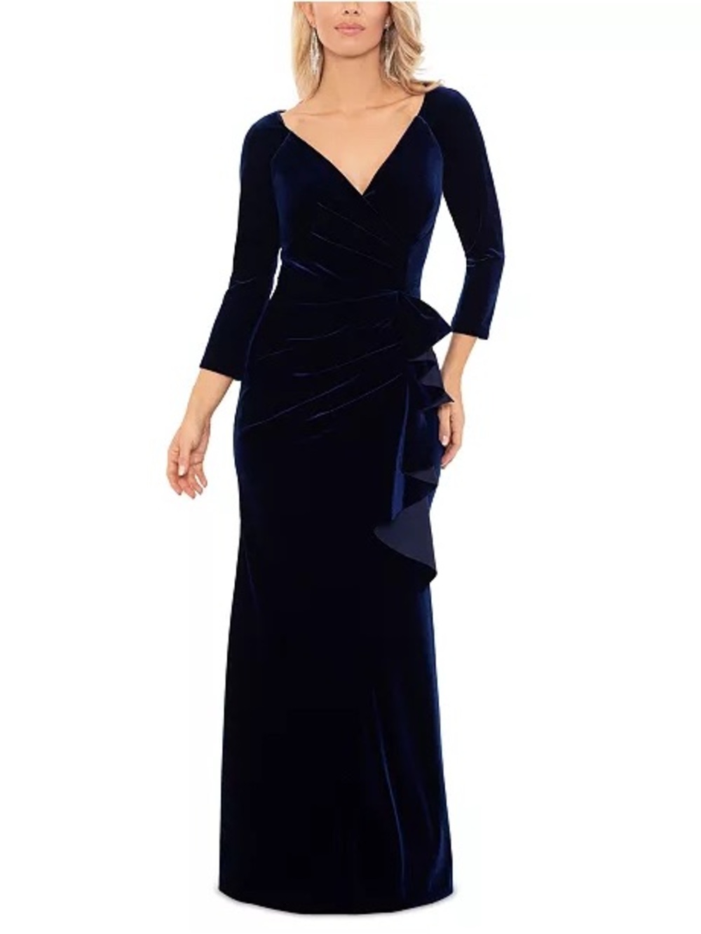 NWT Xscape Navy Blue Velvet Ruffle Gown Size 16P